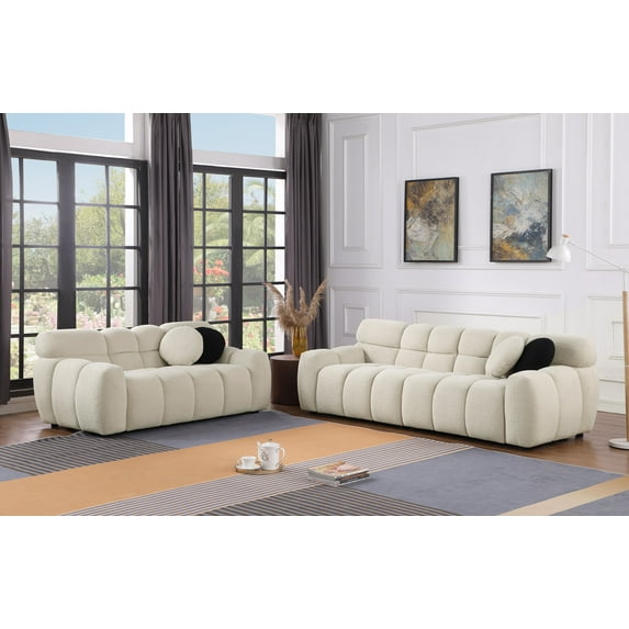 64.96"+87.4" Sofa Set, Boucle Upholstered Sofa Couch with 2 Throw Pillow, Marshmallow Armrests & Backrest, 2-Seater & 3-Seater Sofa for Bedroom, Apartment, Home Office, Beige