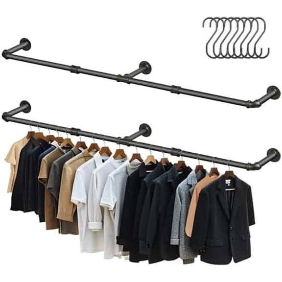 64.9in Industrial Pipe Wall Mounted Clothes Rack, Heavy Duty Detachable Iron Garment Bar, Rustic Space-Saving Hanging Rod for Bedroom, Closet  Black$$Home Decor, Kitchen, & Other
