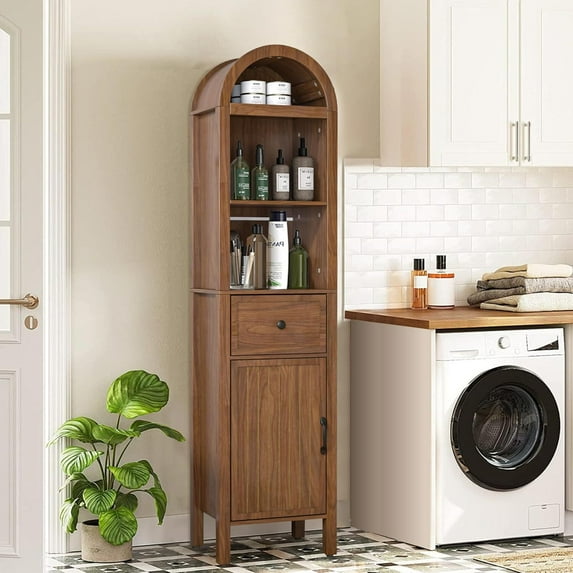 64" Arched Bathroom Storage Cabinet, Kitchen Pantry Tall Cabinet with Adjustable Shelves, Freestanding Display Cabinet for Living Room