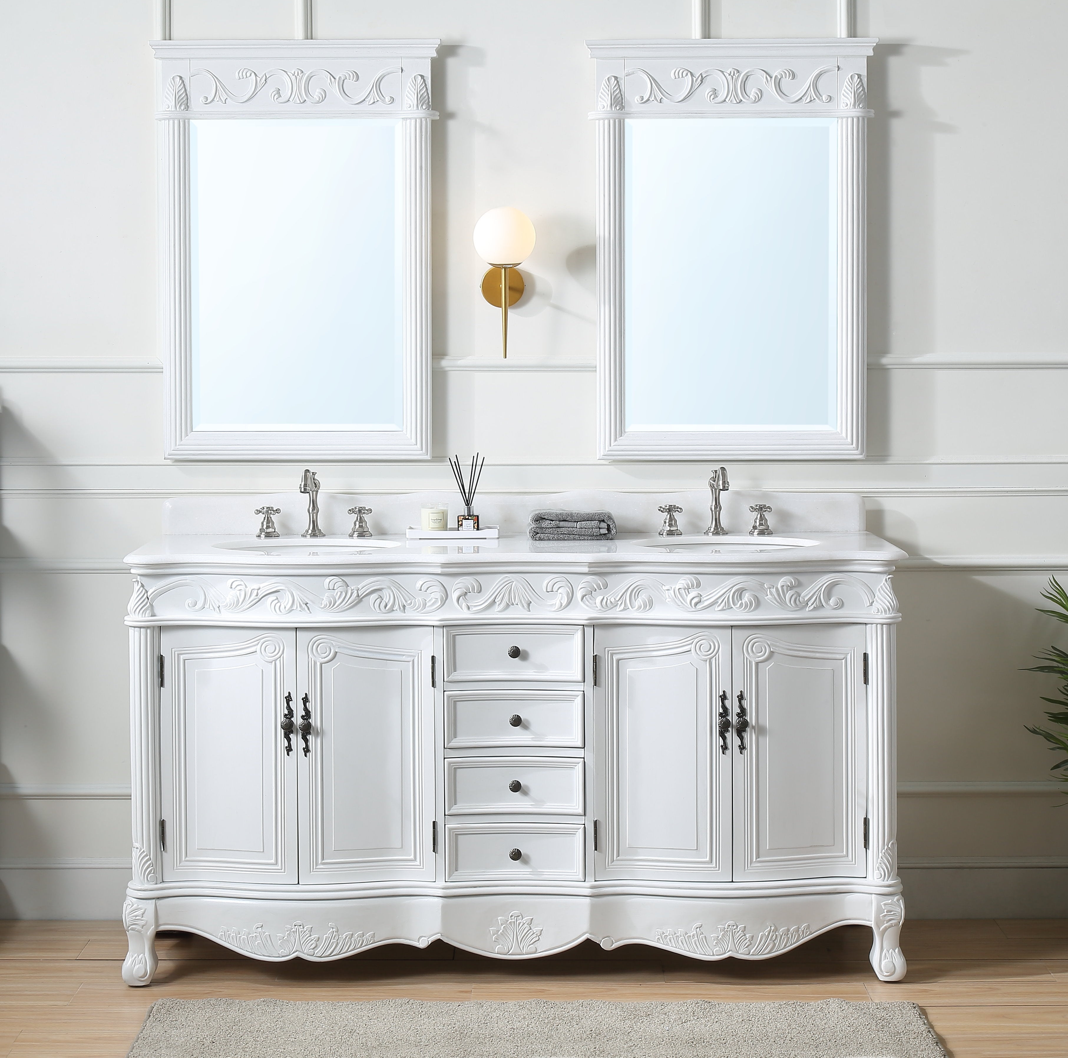 64" Antique White Marble Double Sink Bathroom Vanity with Mirrors
