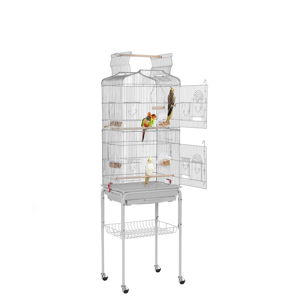 64" Bird Cage, Wrought Metal Standing Birdcage with Rolling Stand, Pet