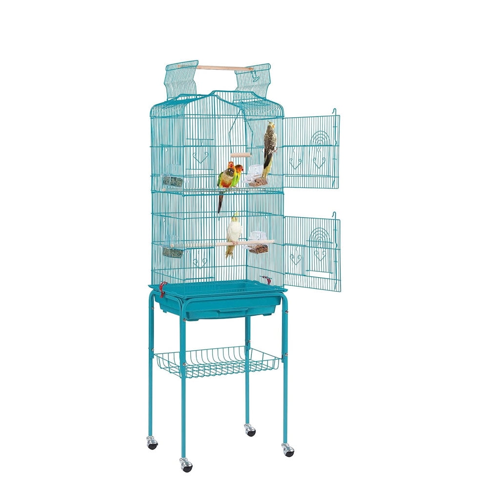 64" Bird Cage, Wrought Metal Standing Birdcage with Rolling Stand and