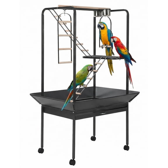 64" Birdcage Stand & Play Center with Perches & Ladders - Indoor/Outdoor Bird Playground with Rotating Ring, Removable Tray & Lockable Casters for Macaw & Parakeet