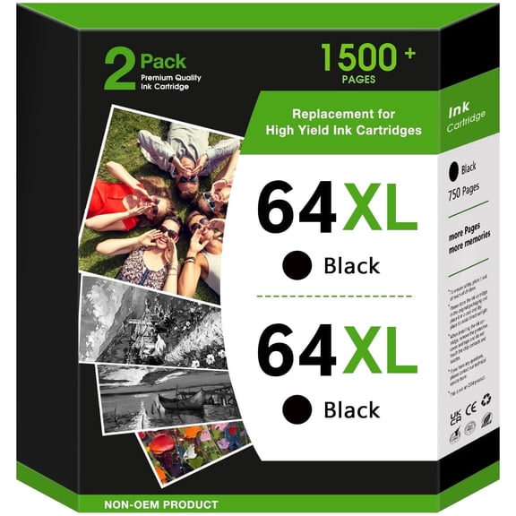 64XL Black Ink Cartridges Compatible for HP 64 Black Ink Cartridge for ENVY Photo 7855 7858 7155 6255 Printer, 2-Black