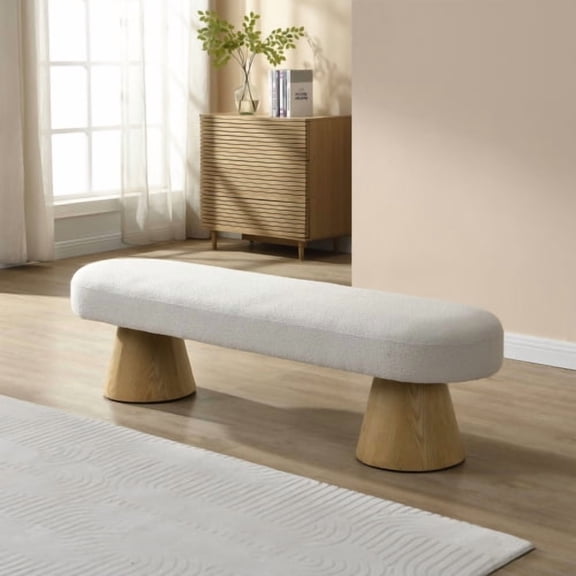 64" Boucle Upholstered Cnd of bed Bench, Window Bench High Density Foam, Hallway Bench Pre-Assembled for dining and lounge areas, Beige