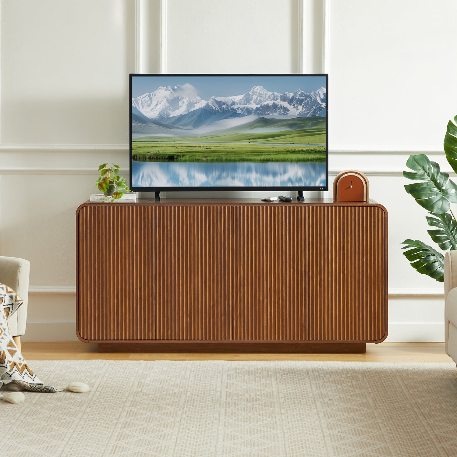64" Buffet Sideboard Cabinet with Storage,Modern Vertical Fluted Entryway Cabinet, Waterproof & Scratch Resistant Storage Sideboard Cabinet, Ideal for Living Room, Kitchen, Dining Room,Walnut