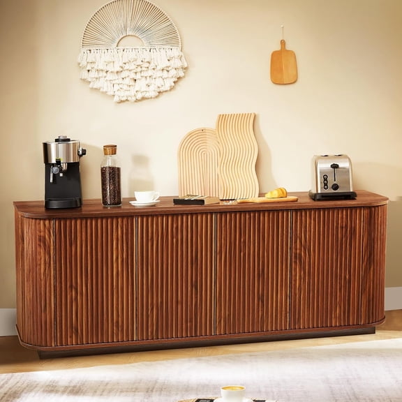 64" Buffet Sideboard Cabinet with Storage, Wooden Fluted Storage Cabinet Sideboard with Adjustable Shelves，Coffee Bar Console Table for Living Room Kitchen Dining Room Hallway,Walnut