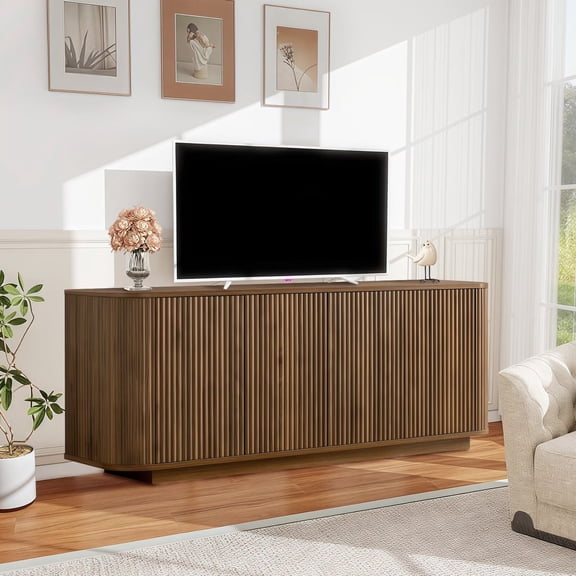 64" Walnut Sideboard Buffet Cabinet, Modern Wooden Fluted Sideboard Storage Cabinet with Adjustable Shelves 24" H