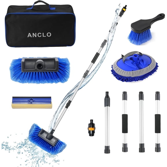 64'' Car Wash Brush with Long Handle, RV Flow-Through Wash Brush with Adjustable Handle, Anti-Scratch Plus Size Soft Car Wash Brush Mop with Hose Attachment Car Wash Kit for SUV RV Truck Boat