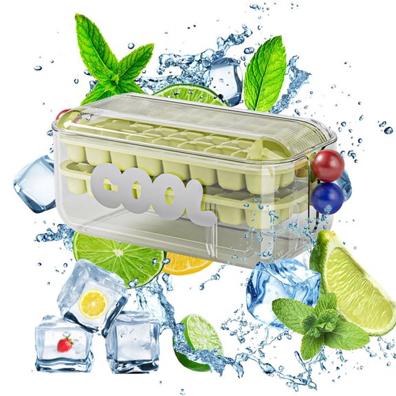 64-Cavity Press Ice Box - Quick-Freeze Household Ice Maker with Odor-Resistant Lid, Food Grade PET, Large Capacity for Cocktails, Parties, 10.6x4.7x4.3in Green