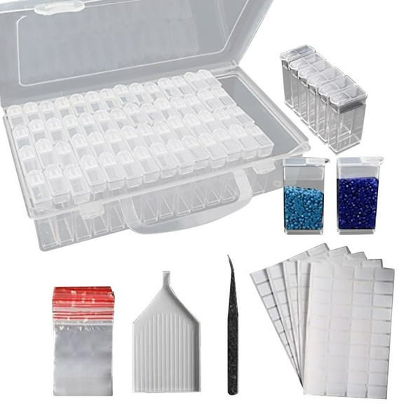64 Compartment Storage Box with Removable Lids | 5D Diamond Embroidery Organizer Kit Includes Tweezers, Funnel & Labels | Clear Plastic Craft Bead Sorting Container for Jewelry & Nails