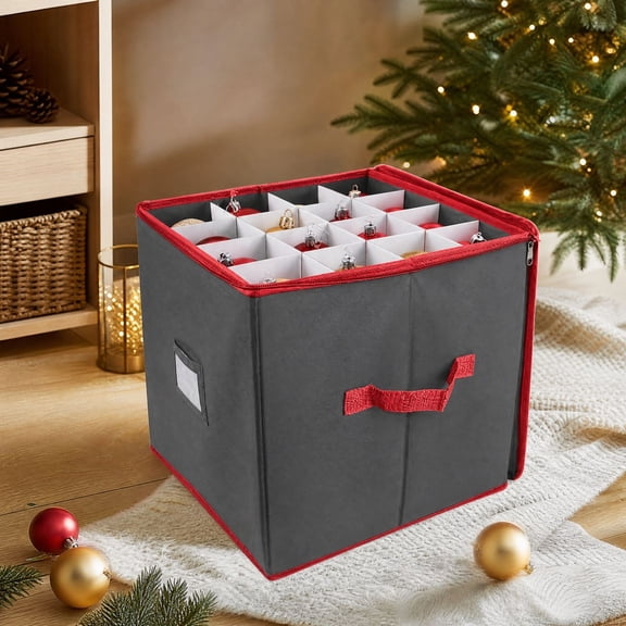 64 Compartments Christmas Ornament Storage Box, 13x13x13 in Non Woven Fabric Christmas Ball Storage with Zipper & Handle,Adjustable Detachable Dividers For Xmas Baubles Accessories