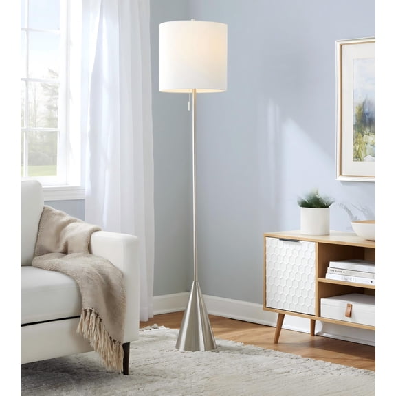 64" Contemporary Metal Floor Lamp In Brushed Nickel With White Linen Shade