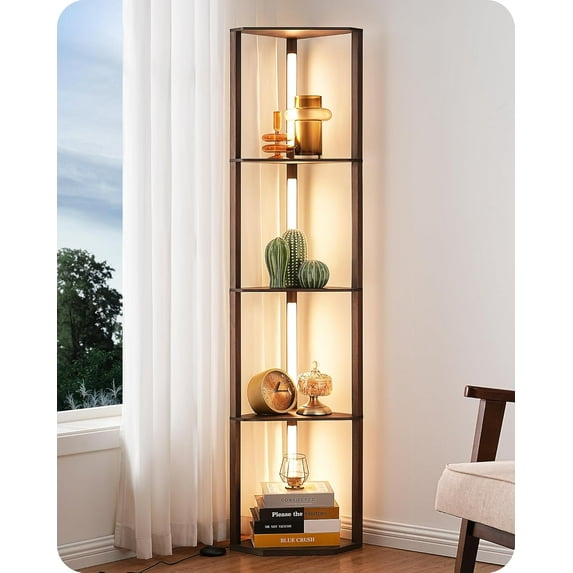 64" Corner Shelf Floor Lamp for Living Room, Modern LED Corner Light with Shelves, 3CCT, Stepless Dimmable Tall Floor Light for Bedroom, Office, Dining Room, 3000K 4000K 5000K, Walnut Color