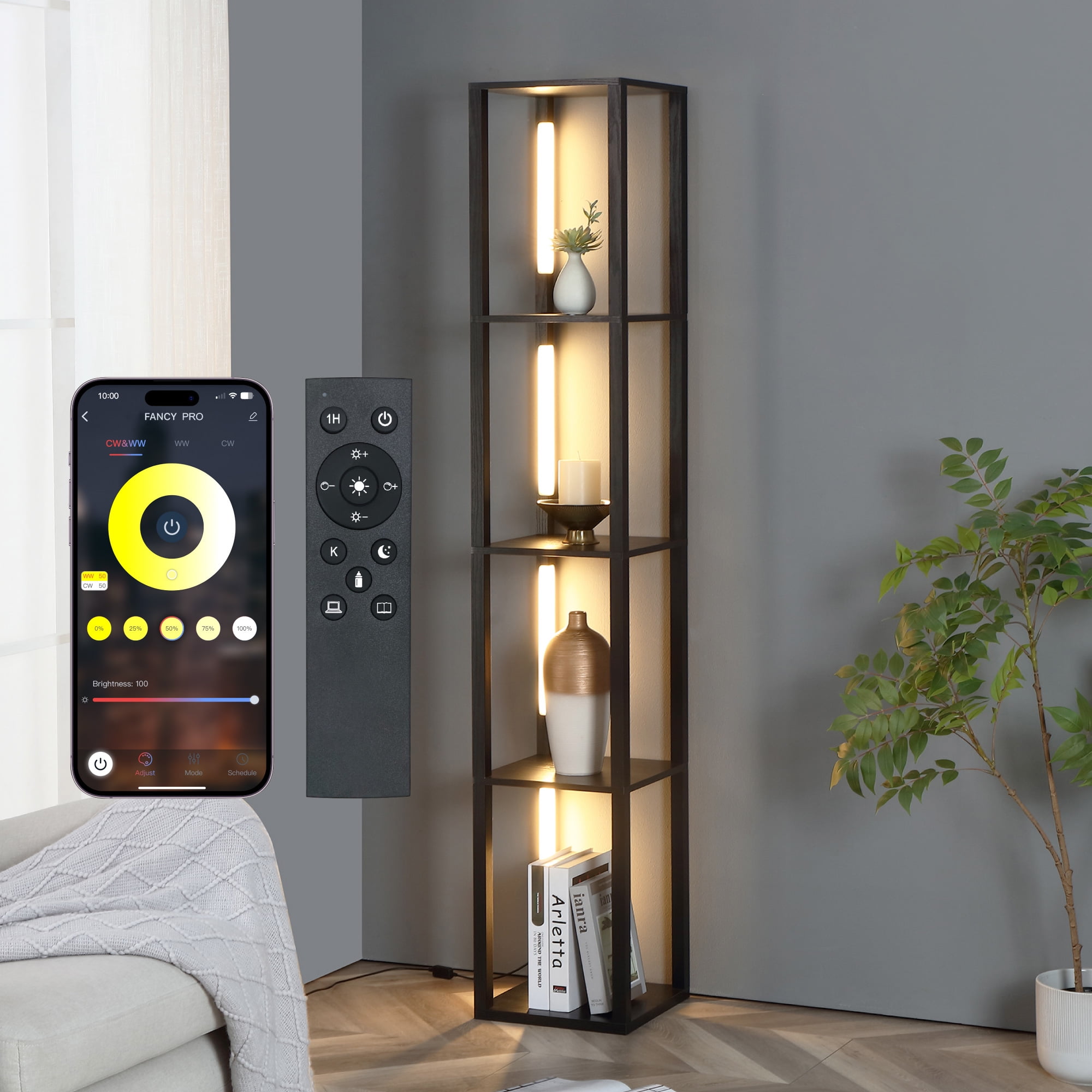 Black Adjustable LED Floor Lamp with Shelves