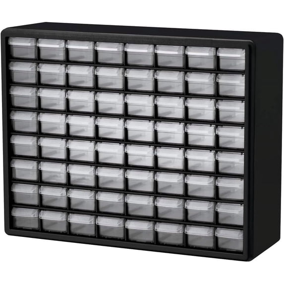 64-Drawer Plastic Storage Cabinet for Garage Organization, Bead and Building Brick Organizer, Teacher Toolbox, Makeup Storage, 20" W x 6" D x 16" H, Black
