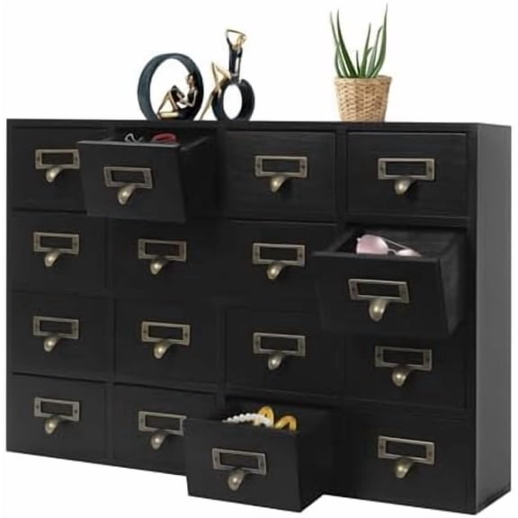 64-Drawer Vintage Wooden Storage Box,Traditiona Desk Apothecary Cabinet with Drawers,Level Countertop Arts Card Catalog Drawer Organizer,Library Card Catalog Storage Cabinet Apothecary(Black)