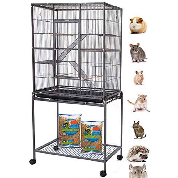 64" Extra Large Wrought Iron 4-Levels Bite-Proof Ferret Chinchilla Sugar Glider Rats Mice Rabbit Squirrel Hamster Mouse Cage with Removable Stand