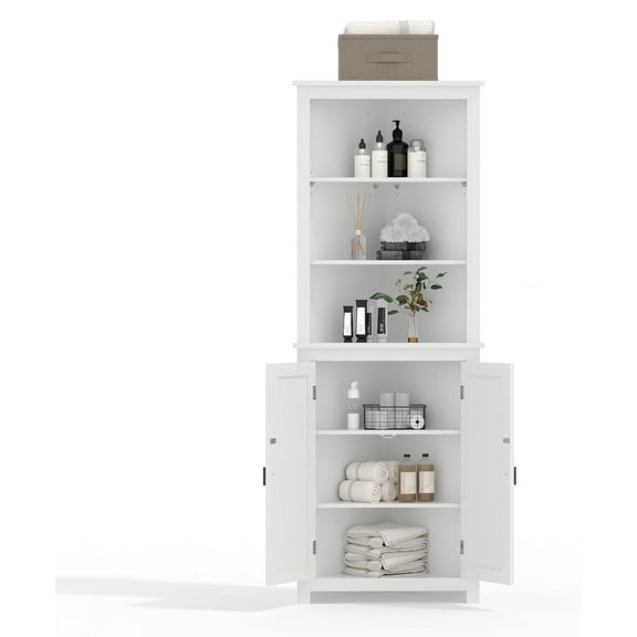 64" Farmhouse Corner Cabinet with Barn Doors & Adjustable Shelves, Space-Saving Organizer for Bathroom, Kitchen, Living Room