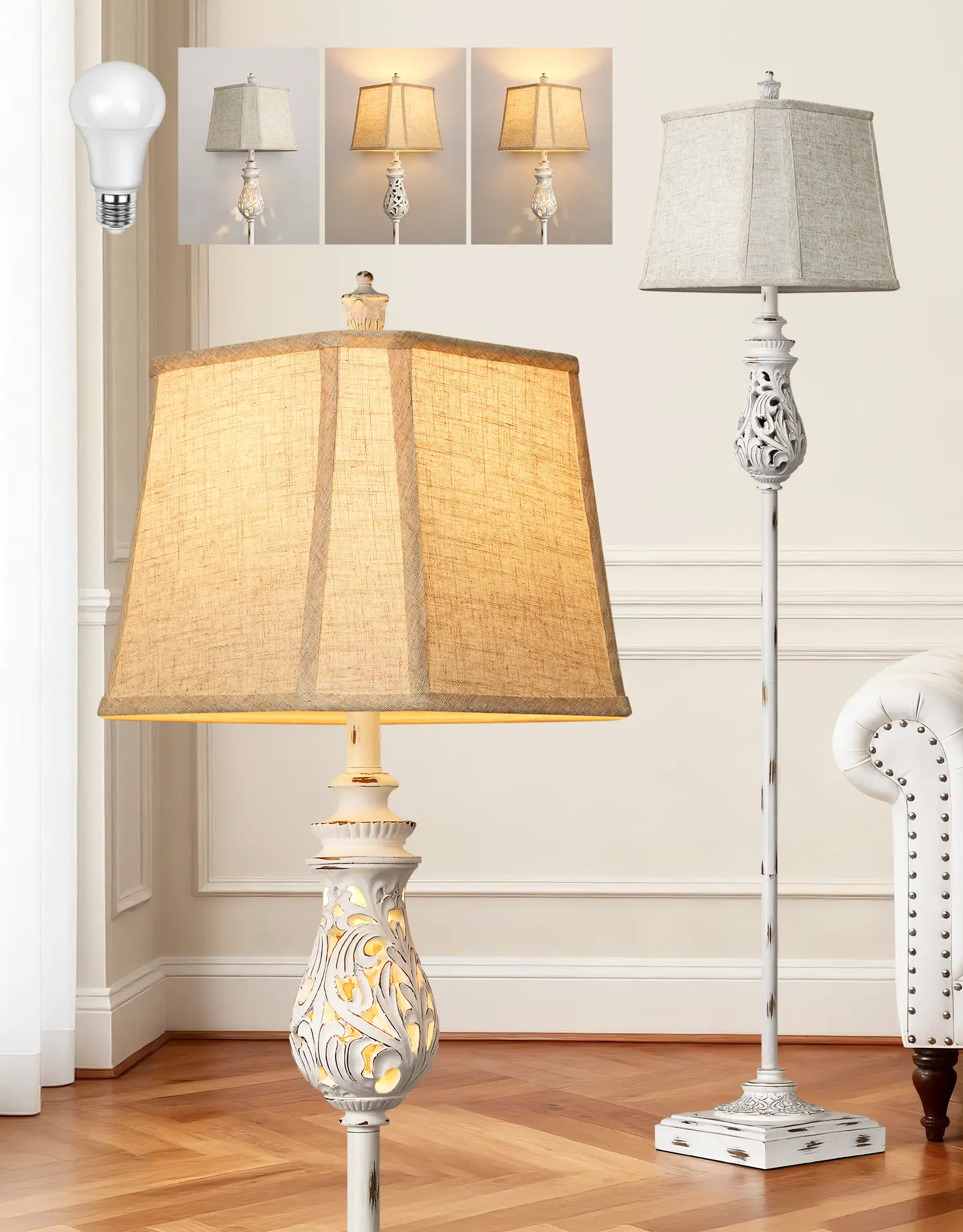64” Farmhouse Floor Lamp, Rustic Tall Standing Lamp for Living Room, Corner, Bedroom, White