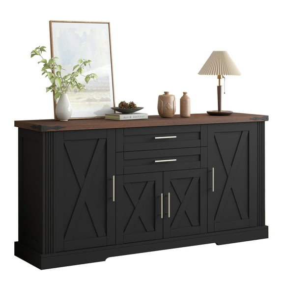 64'' Farmhouse Sideboard Storage Cabinet with 4 Doors,Kitchen Storage Buffet with Drawers,Coffee Bar Cabinet Adjustable Shelves and Door Rack for Dining Room,Entryway,Living Room