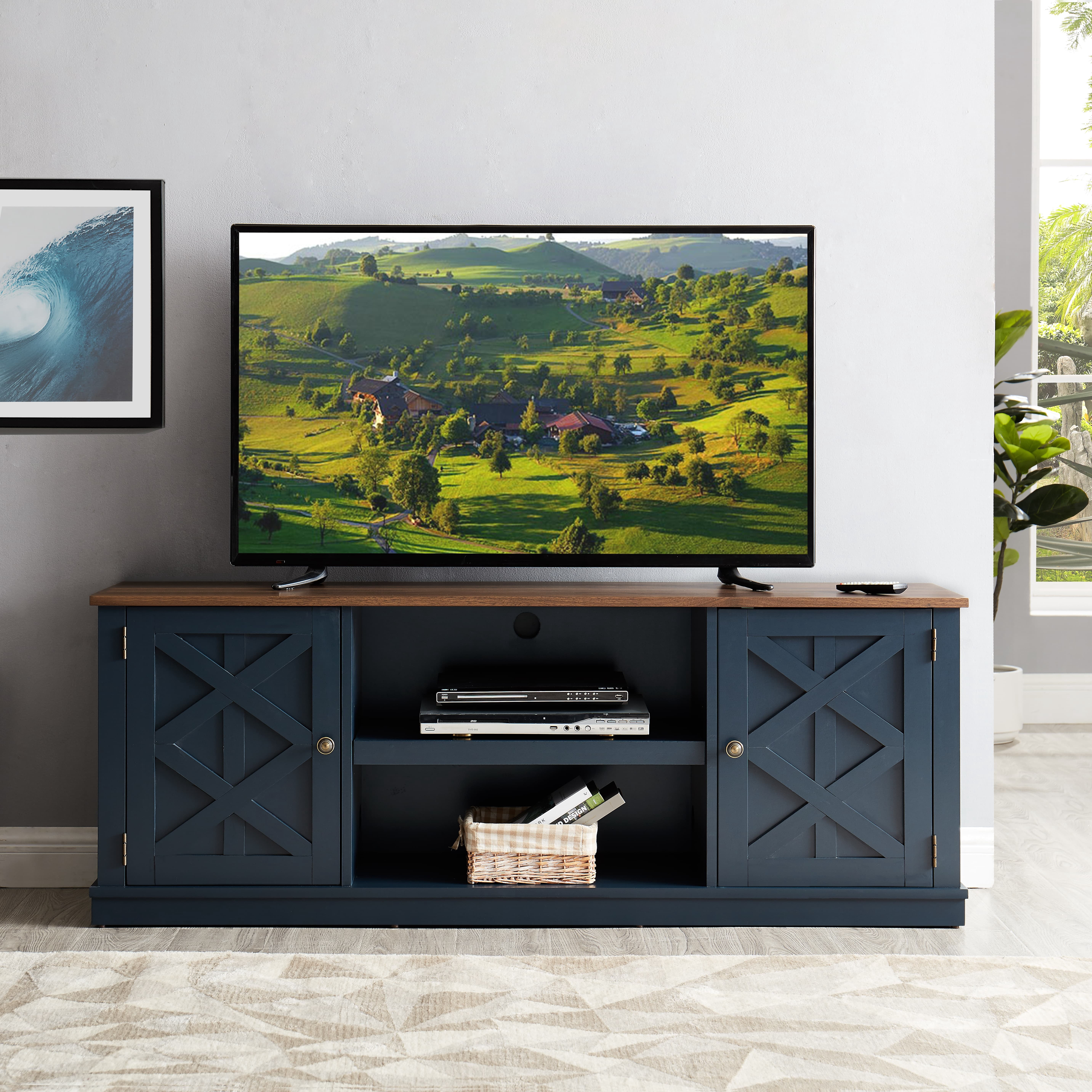 JoyRiver 64" Farmhouse TV Stand with Swing Doors & Adjustable Shelves, Fits 75 inch TV, Navy