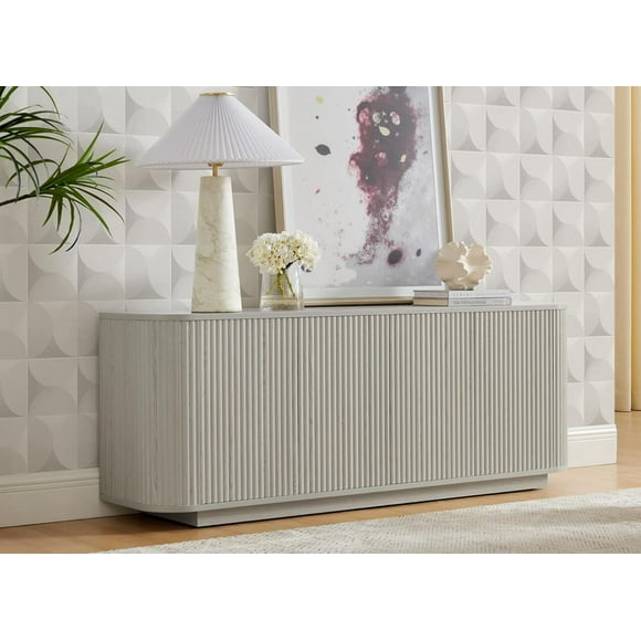 64" Fluted Sideboard Buffet Cabinet with Storage, Accent Sideboard Modern Credenza Media Console Table with Adjustable Shelves Pressed Spring for Living Room Kitchen, Gray