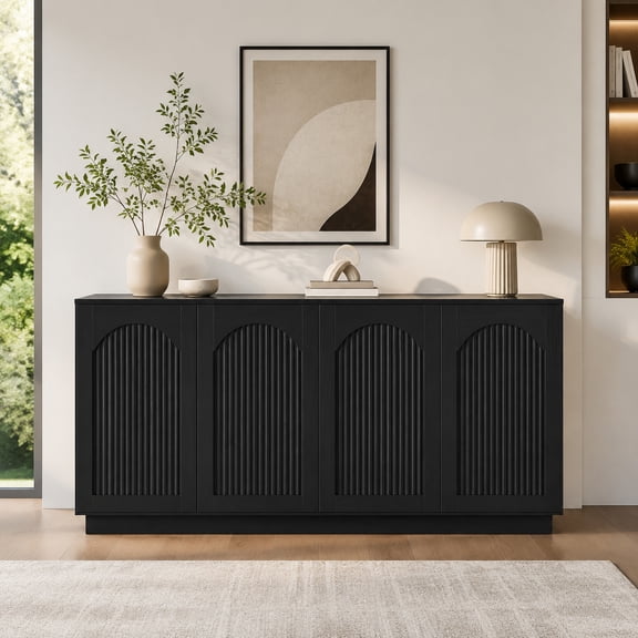 64" Fluted Sideboard Buffet Cabinet with Storage, Modern Credenza Cabinet with Arched Doors, Wood Accent Storage Cabinet for Dining Room Living Room Entryway, Black
