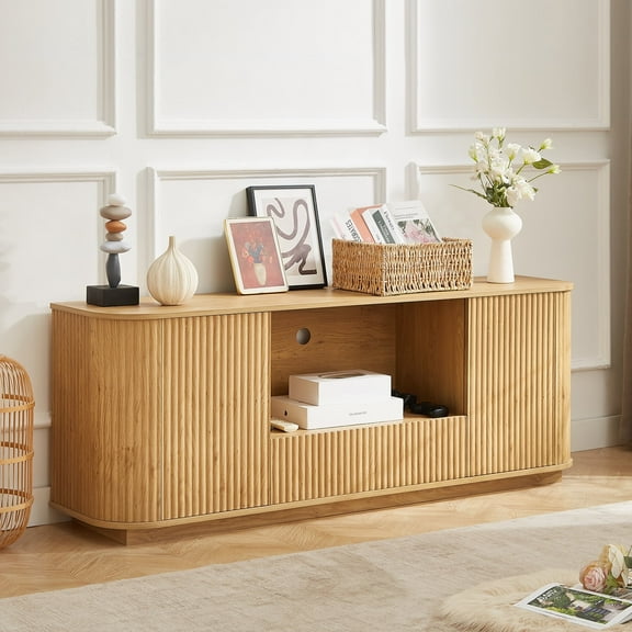 64" Fluted TV Stand, Entertainment Center for TVs Up to 65'',TV Media Console Wooden Vertical Stripe Sideboard Storage Cabinet