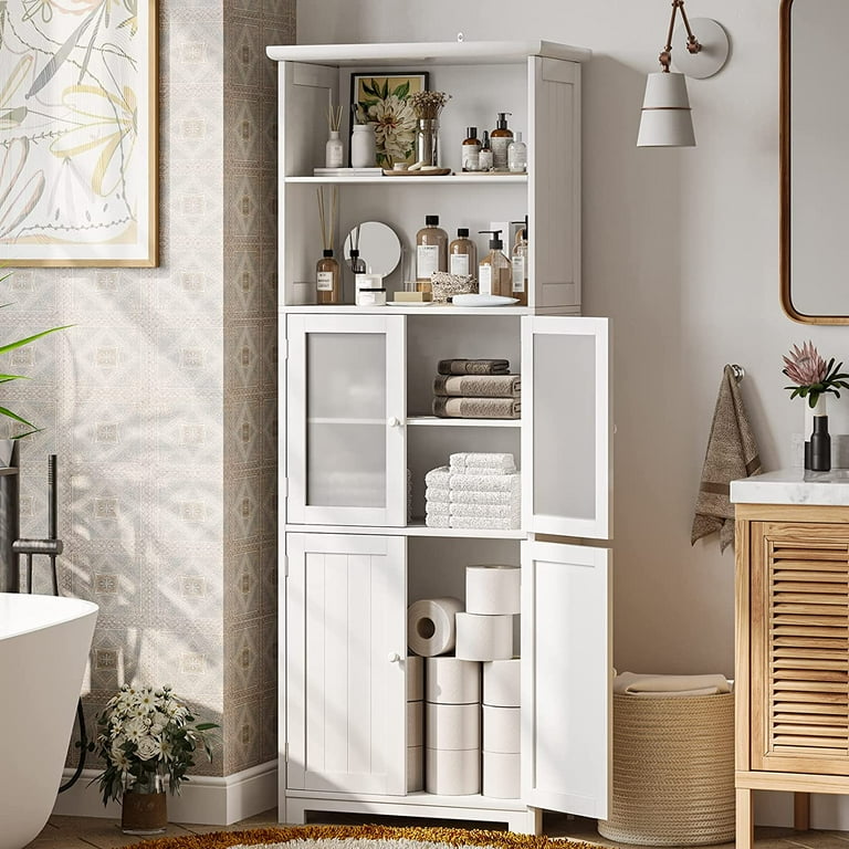 Freestanding Linen Tower, Tall Bathroom Storage Cabinet, 2 Open Shelves and Doors - White