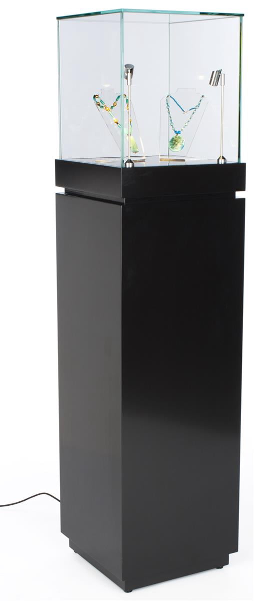 64" Glass Showcase with Pull-Out Drawer and Locking Storage Cabinet, Includes 2 LED Spotlights, Pedestal Display Case for 360 Degree Viewing - Black (JSCMSCBKSG)