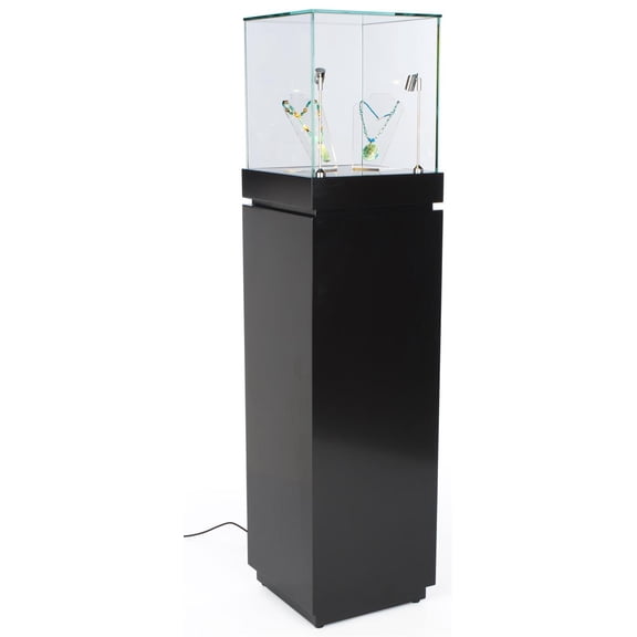 64" Glass Showcase with Pull-Out Drawer and Locking Storage Cabinet, Includes 2 LED Spotlights, Pedestal Display Case for 360 Degree Viewing - Black (JSCMSCBKSG)