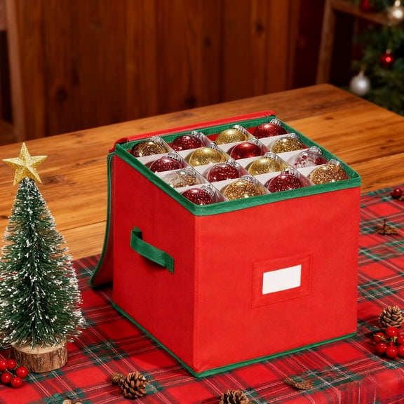 64 Grid Christmas Ornament Storage Box with Dividers, Large Capacity Holiday Decoration Organizer with Zippered Lid and Handles, Xmas Baubles Storage Container