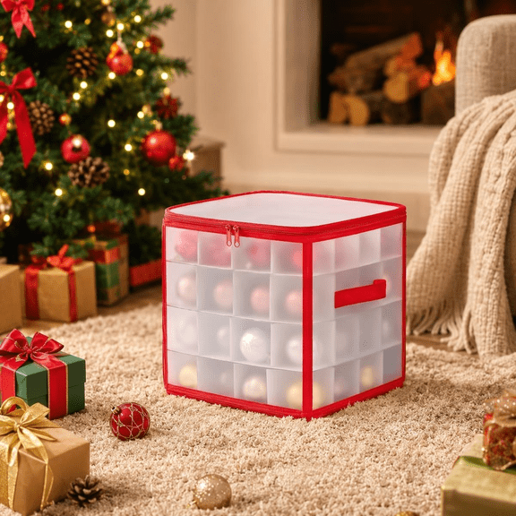 WELKA 64-Grid Christmas Ornament Storage Box, PP Material Holiday Decor Organizer with Reinforced Carry Handle & Dual Zipper, Dustproof Christmas Ball Storage Container for Xmas Decorations