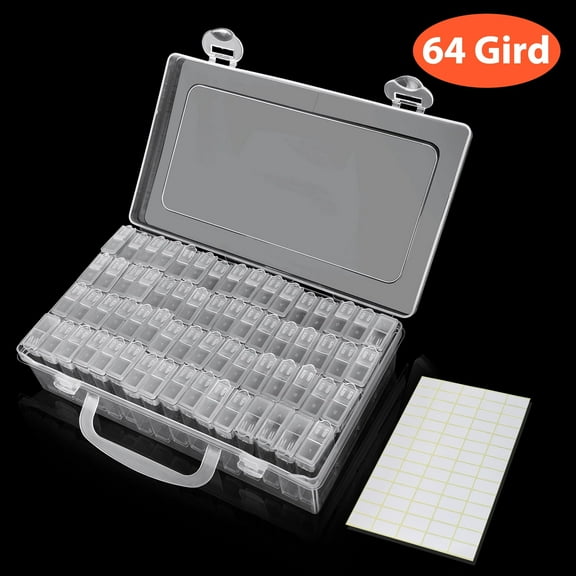 64 Grids Diamond Painting Boxes, TSV Clear Plastic Organizer Box, 5D Diamond Embroidery Accessories Storage Container with Adjustable Dividers for Art Craft, Nail Diamonds, Bead Storage