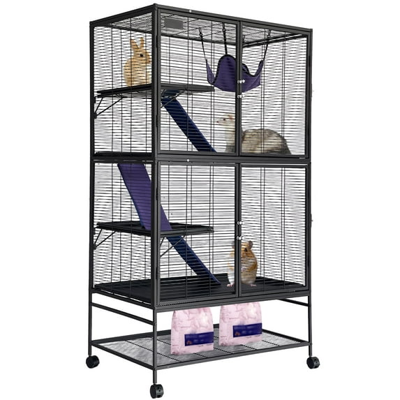 64" H 4 Tier Steel Plastic Deluxe Small Animal Pet Cage Kit with Platforms Removable Tray and Ladder with Flannel