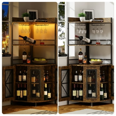 64"H Corner Wine Cabinet, Tall Wine Bar Cabinet w LED Light & Adjustable Shelves, Home Bar Cabinet with Charge oult for Dining Room, Living Room, Kitchen, Brown