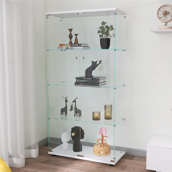 64"H Glass Display Cabinet, 4-Shelf Glass-Door Cabinet Curio Collection Display Case Trophy Showcase with Lock, Fast Installation Floor Standing Bookshelf for Living Room Office (White-Large)