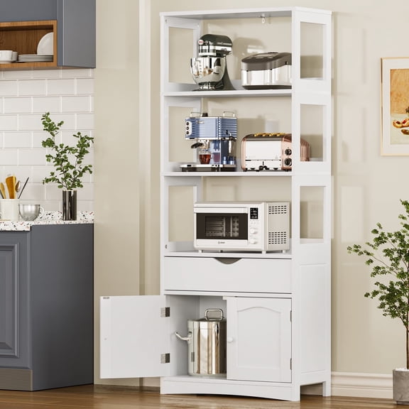 Tall Kitchen Pantry Cabinets with Microwave Shelf & Drawer, Bathroom Storage Cabinet/Sideboard Storage Cabinet for Home Office, White
