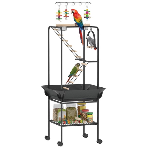 64"H Rolling Bird Playground Parrot Stand with Seed Guard & Wheels