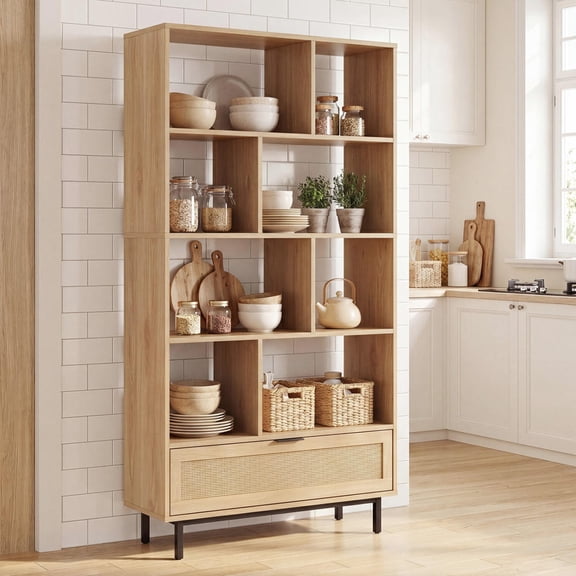 64 Inch 6-Tier Wooden Bookcase, 8 Open Cubes, Drawer, Rattan Decor, Metal Legs