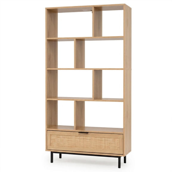 64 Inch 6-Tier Wooden Bookcase, 8 Open Cubes, Drawer, Rattan Decor, Metal Legs
