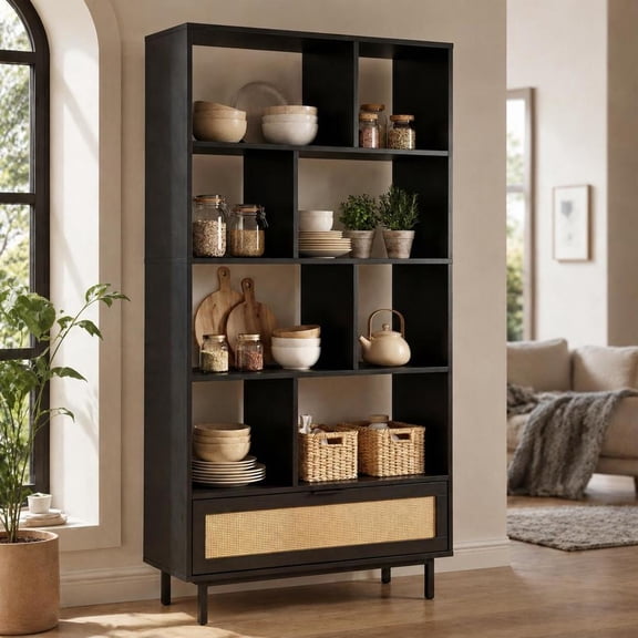 64 Inch 6-Tier Wooden Bookcase with 8 Open Cubes, Drawer, Metal Legs, Black