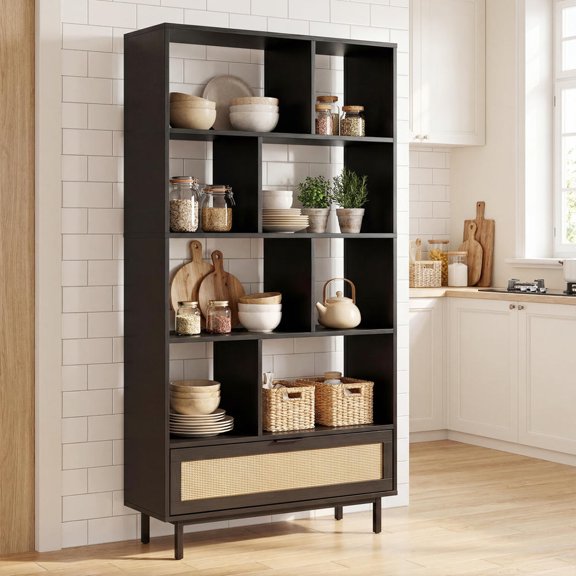 64 Inch 6-Tier Wooden Bookcase with 8 Open Cubes, Drawer, Metal Legs, Black