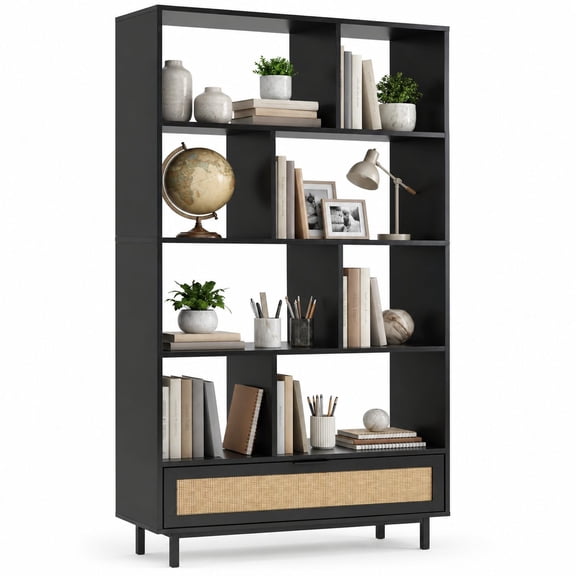64 Inch Bookshelf with Rattan Drawer, 6-Tier Wood Bookcase 8 Open Storage Cubes, Metal Legs, Freestanding Display Storage Organizer for Living Room Home Office Kitchen, Black