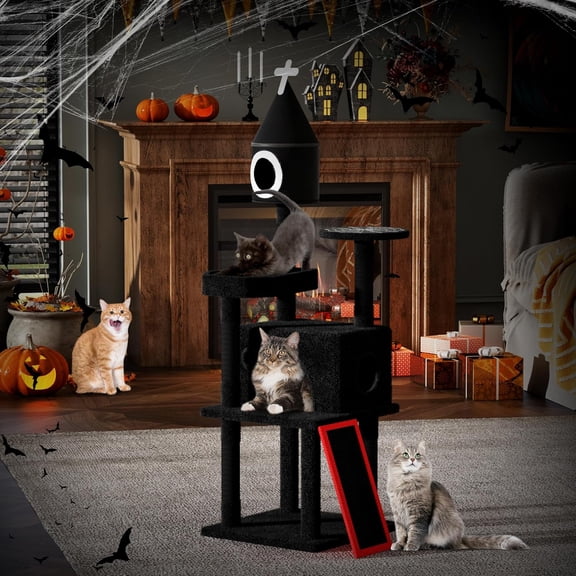 64 Inch Gothic Tree Tower with Coffin Bed, Multi-Level Tall Tower for Large Cats with Top Perch and Scratching Post