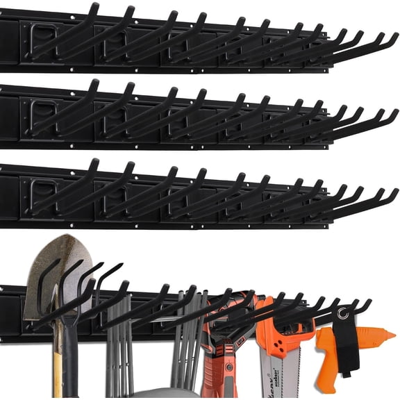 64-Inch Heavy Duty Garage Organization Rack, 4 Packs Rails and 9 Adjustable Hooks, Tool Organizer Rack with Heavy Double Hooks Tracks Max Load 600LB
