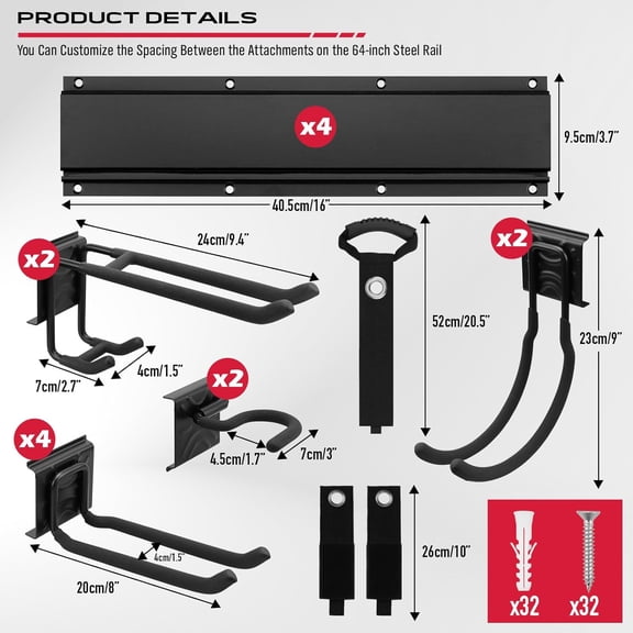 64 Inch Heavy Duty Garage Storage Wall Mount Organizer with Adjustable Hooks - 300lbs Capacity Tool Rack System for Sheds and Workshops