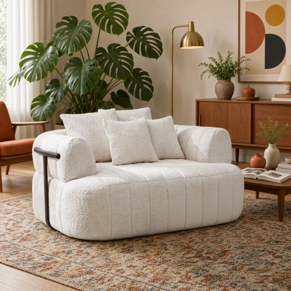 64 Inch Oversized Boneless Chair Chaise Lounge, Upholstered Boucle Deep Seat Single Cloud Sofa Chair with Metal Support, Cozy Comfy Sofa Bed for Living Room and Bedroom, Beige