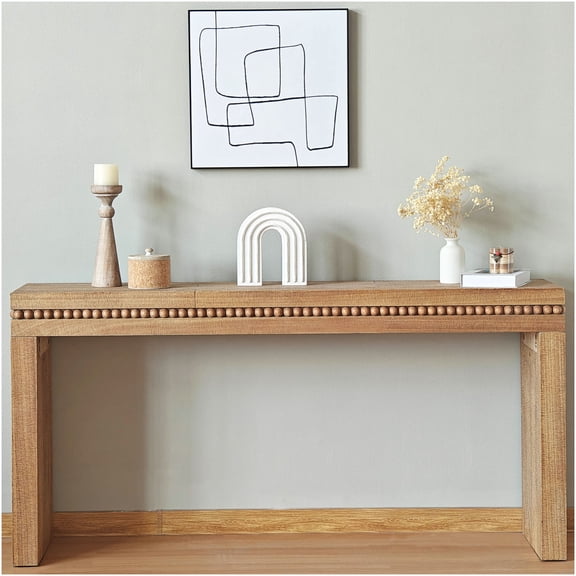 64 Inch Rustic Console Table with Beaded Trim, Farmhouse Entry Table for Living Room or Hallway